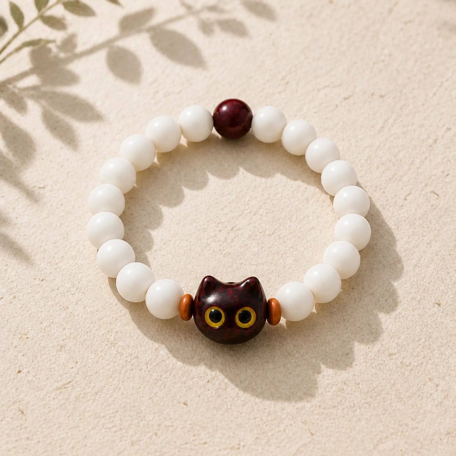 Natural Bodhi Seed Small Leaf Red Sandalwood Ebony Wood Cute Lucky Cat Wisdom Bracelet featuring Bodhi Seed, Small Leaf Red Sandalwood, Red Sandalwood