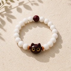 Natural Bodhi Seed Small Leaf Red Sandalwood Ebony Wood Cute Lucky Cat Wisdom Bracelet featuring Bodhi Seed, Small Leaf Red Sandalwood, Red Sandalwood