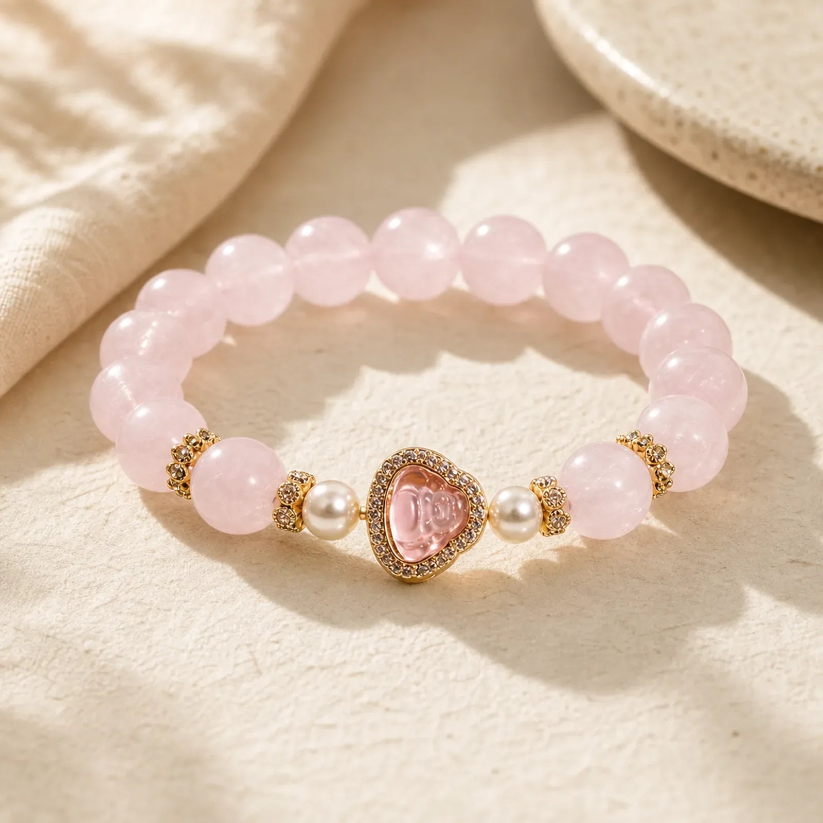 Natural Buddha Symbol Pink Crystal Pearl Warmth Bracelet featuring Buddha Symbol, Pink Crystal, Pearl