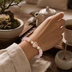 Natural Buddha Symbol Pink Crystal Pearl Warmth Bracelet featuring Buddha Symbol, Pink Crystal, Pearl