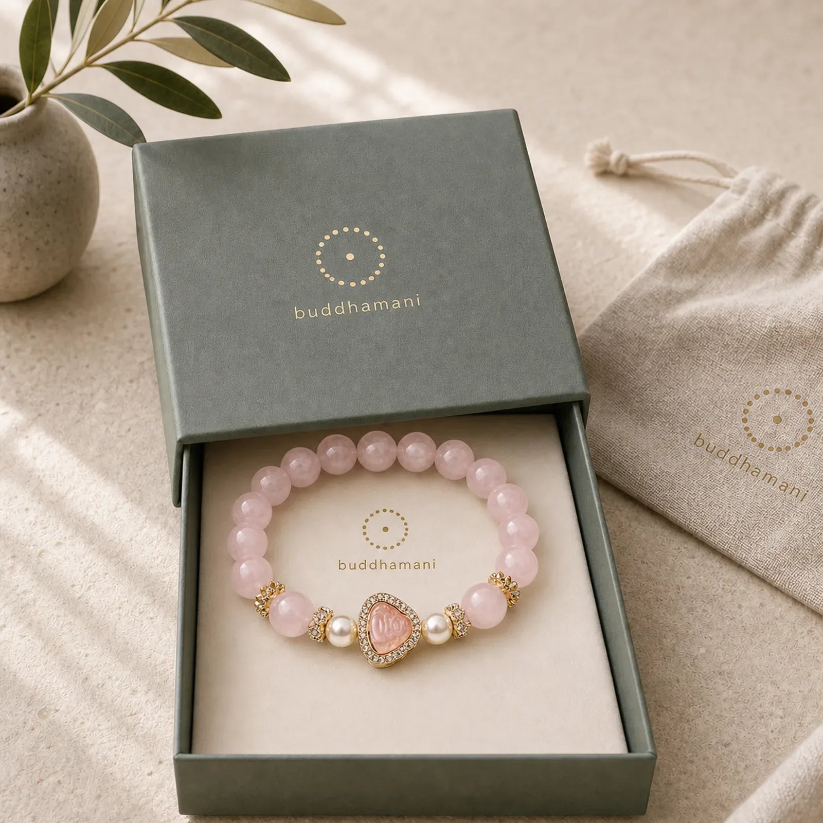 Natural Buddha Symbol Pink Crystal Pearl Warmth Bracelet featuring Buddha Symbol, Pink Crystal, Pearl