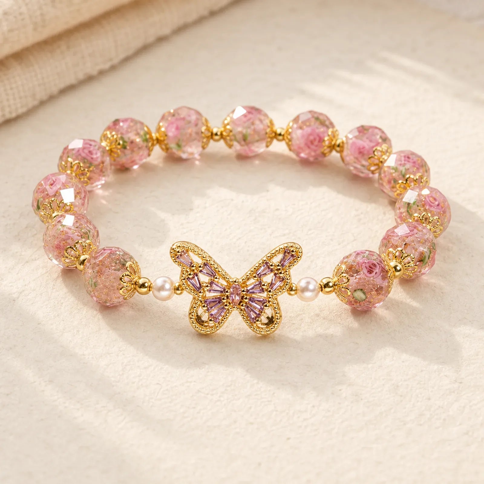 Natural Butterfly Rose Design Pink Crystal Warmth Bracelet featuring Butterfly, Pink Crystal, Feng Shui Butterfly
