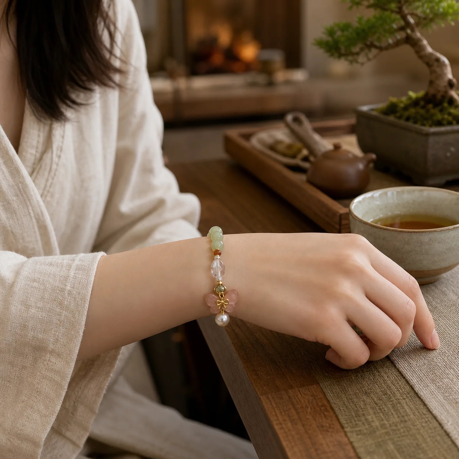 Natural Butterfly Serpentine Jade Yanyuan Agate Luck Bracelet featuring Butterfly, Jade, Yanyuan Agate