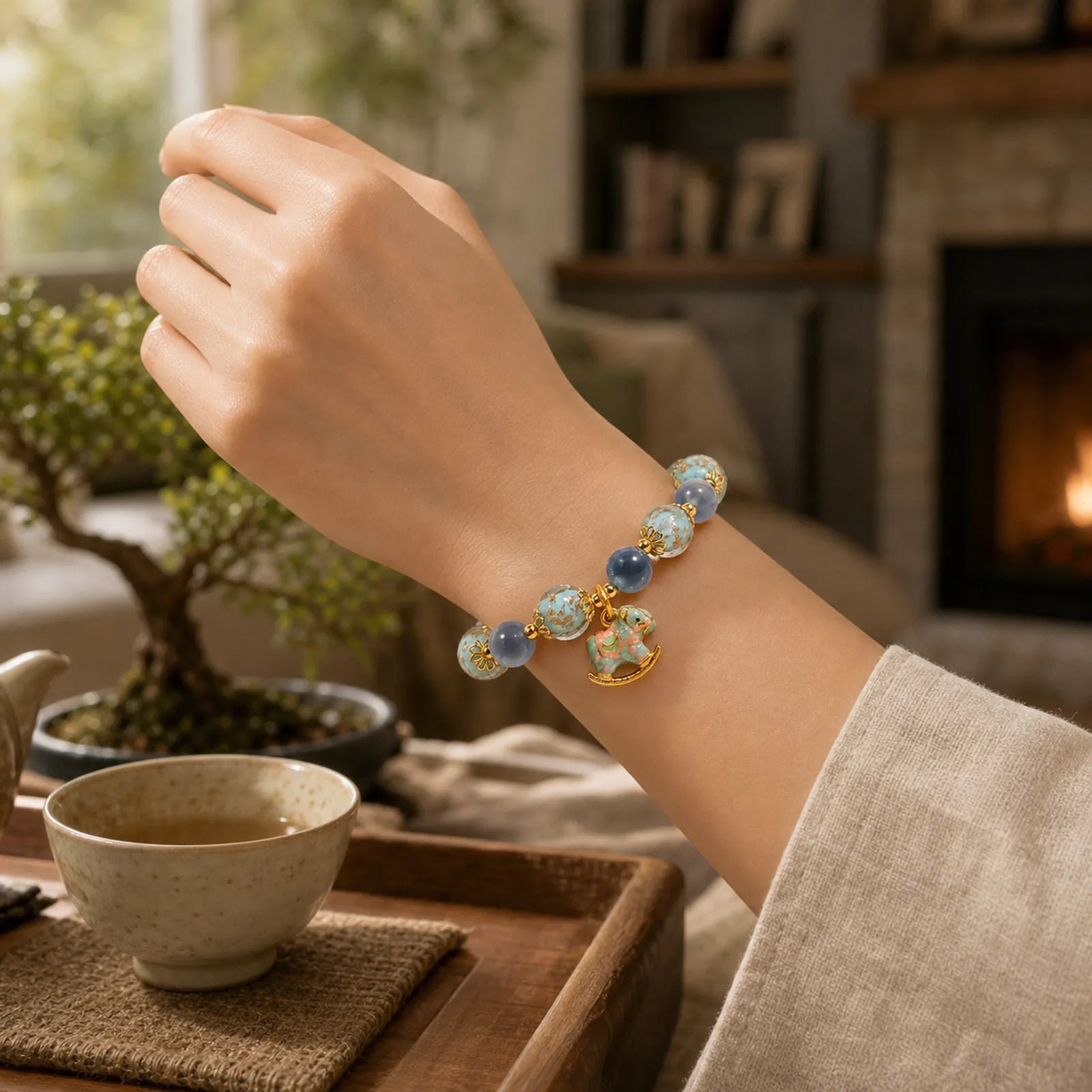 Natural Candy Agate White Crystal Year Of The Horse Strength Bracelet featuring Candy Agate, Clear Quartz / White Crystal, Horse