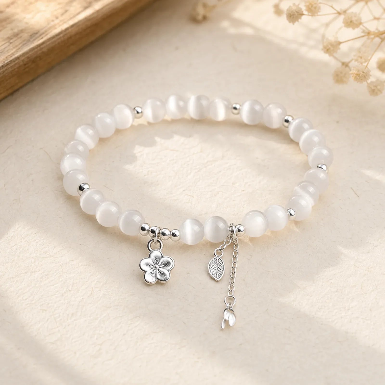 Natural Cat's Eye Cherry Blossom Peace Bracelet featuring Cat's Eye / Chrysoberyl, White Cat's Eye