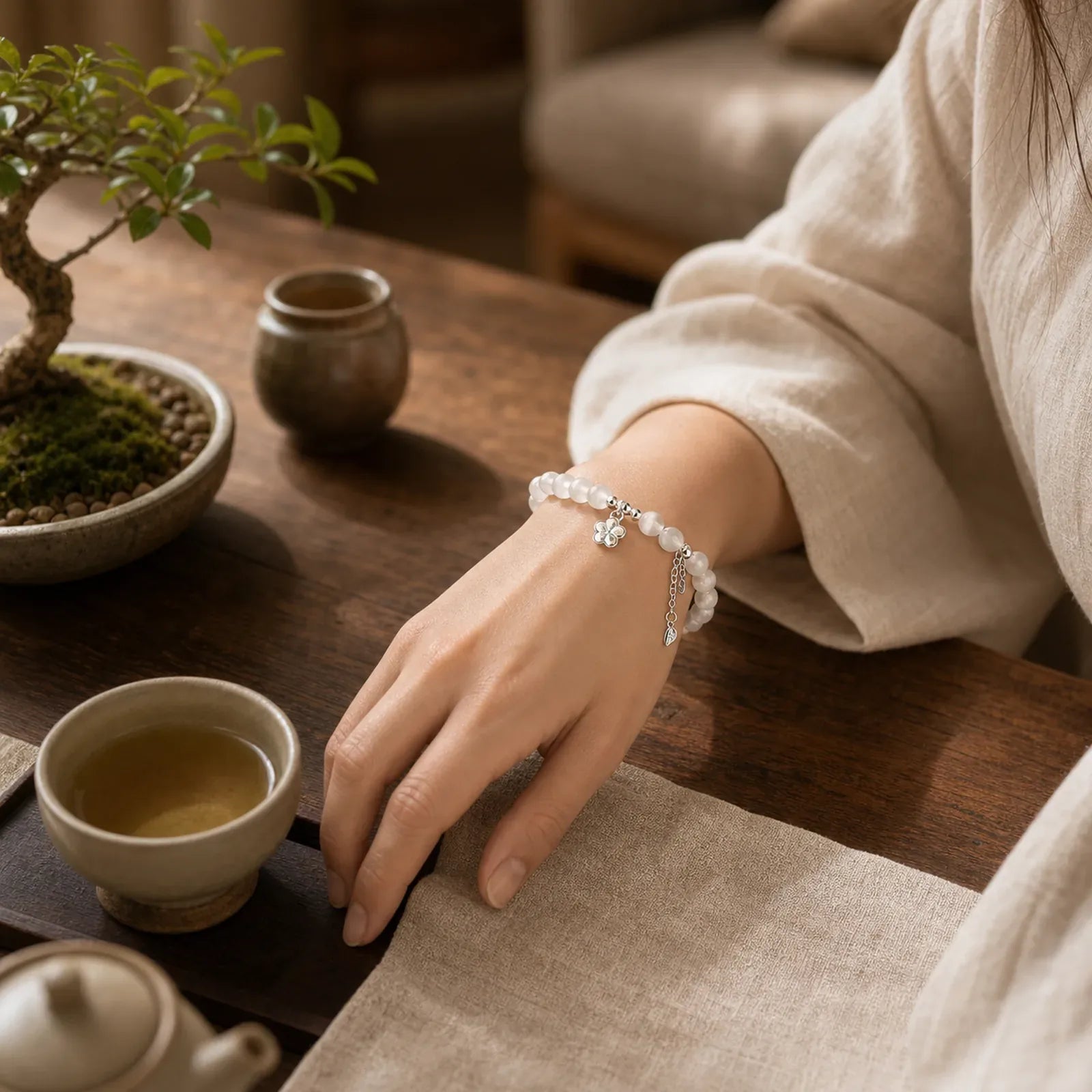 Natural Cat's Eye Cherry Blossom Peace Bracelet featuring Cat's Eye / Chrysoberyl, White Cat's Eye