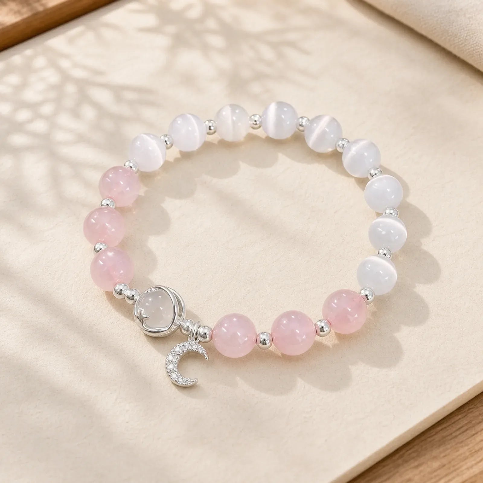 Natural Cat's Eye Pink Crystal Moon Love Charm Bracelet featuring Cat's Eye / Chrysoberyl, Pink Crystal, Moonstone