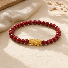 Natural Cinnabar Beads Pixiu Blessing Bracelet featuring Cinnabar, Pixiu, Copper