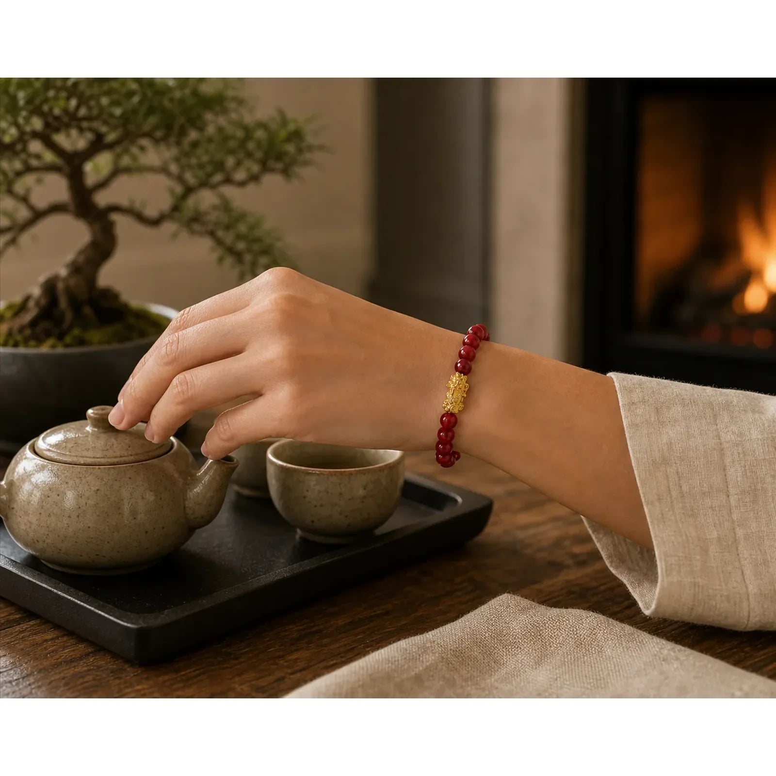 Natural Cinnabar Beads Pixiu Blessing Bracelet featuring Cinnabar, Pixiu, Copper