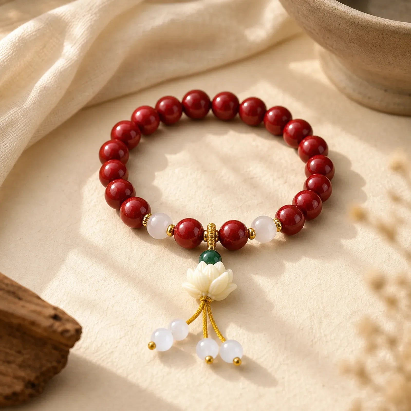 Natural Cinnabar Cat's Eye Ivory Fruit Lotus Charm Blessing Bracelet featuring Cinnabar, Cat's Eye / Chrysoberyl, Ivory Fruit