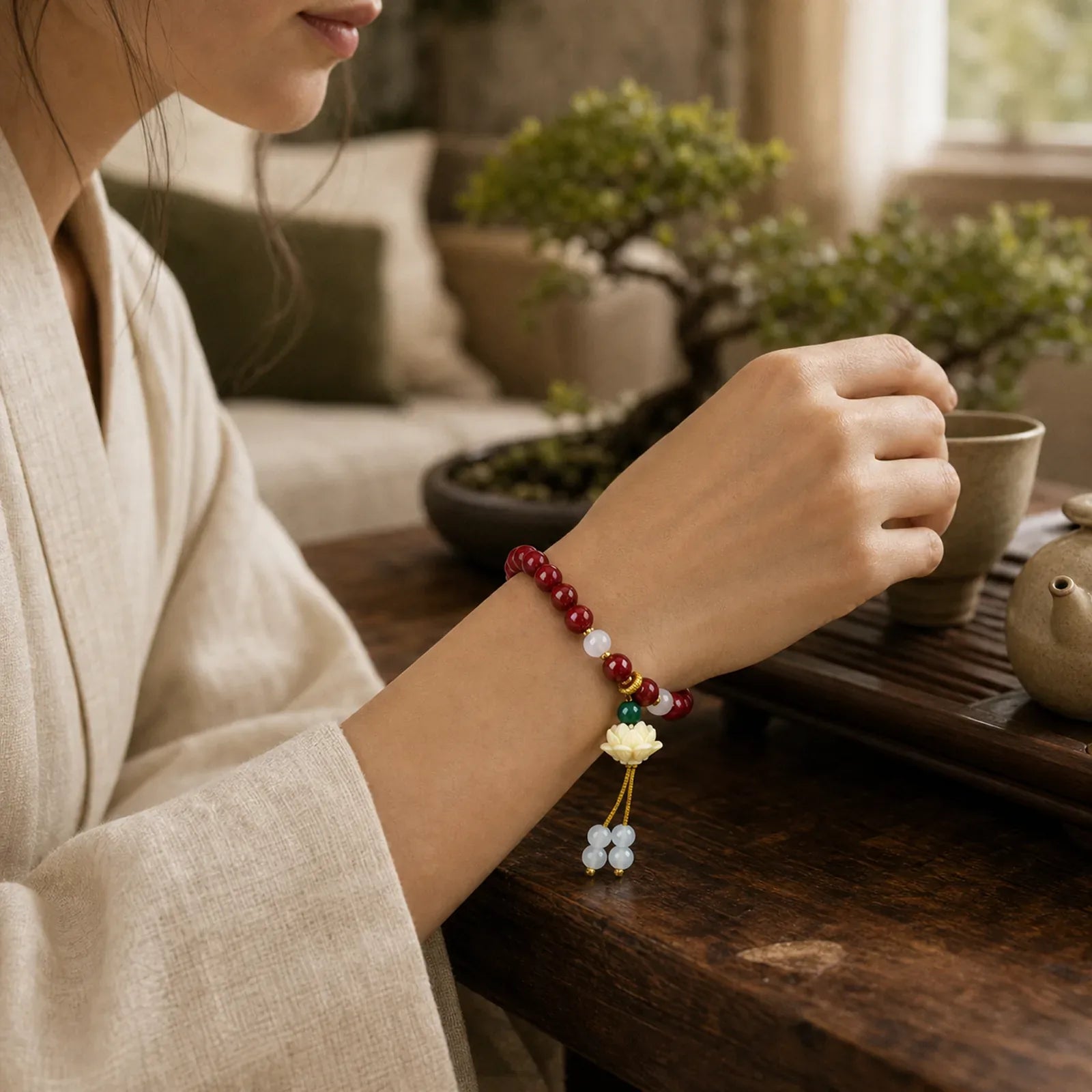 Natural Cinnabar Cat's Eye Ivory Fruit Lotus Charm Blessing Bracelet featuring Cinnabar, Cat's Eye / Chrysoberyl, Ivory Fruit