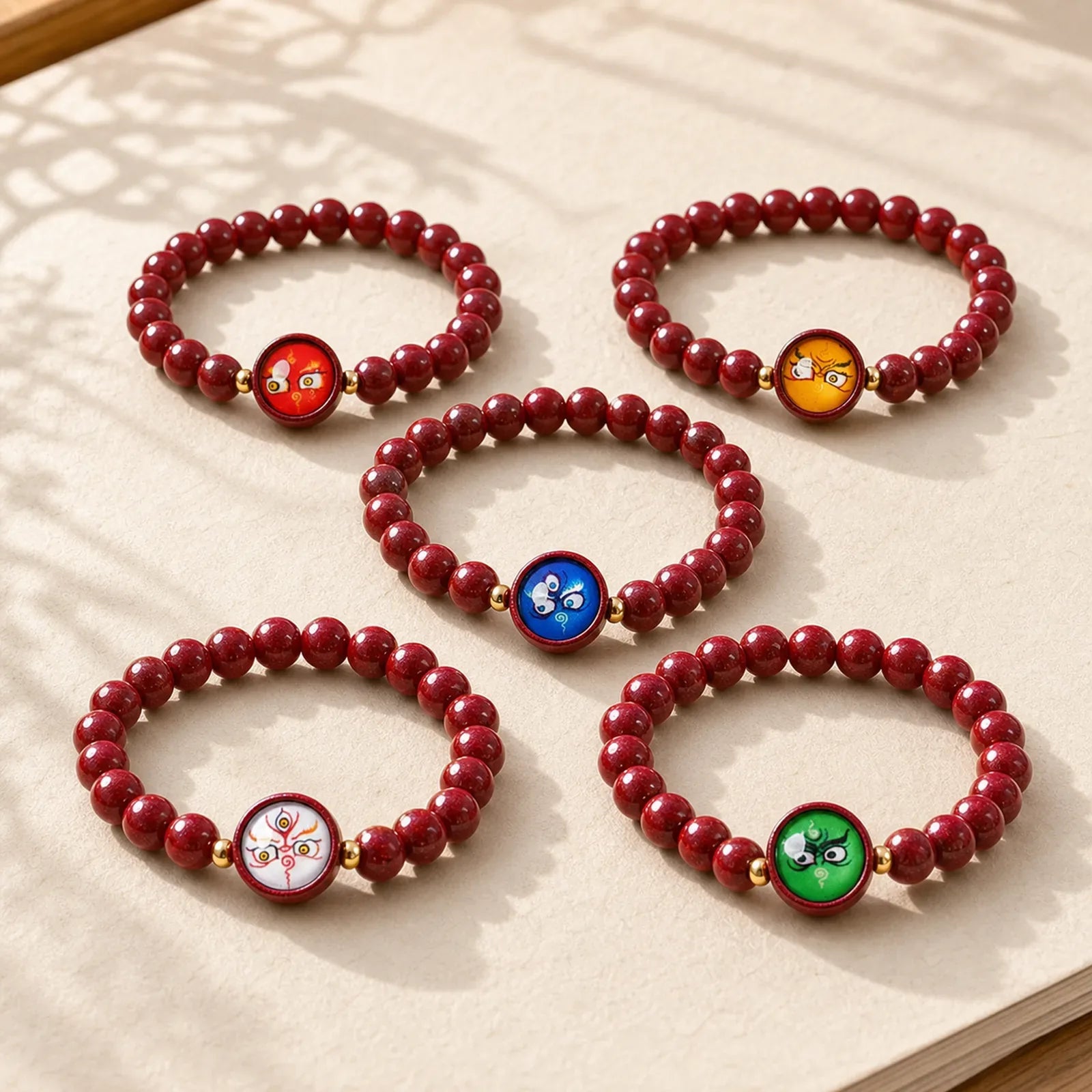 Natural Cinnabar Five Directions Gods Of Wealth Blessing Bracelet featuring Cinnabar, Copper