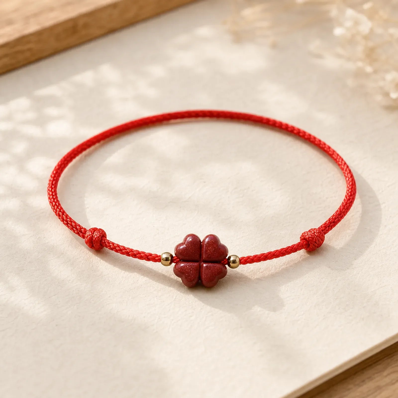 Natural Cinnabar Four Leaf Clover Blessing Red String Bracelet Anklet featuring Cinnabar, Red String