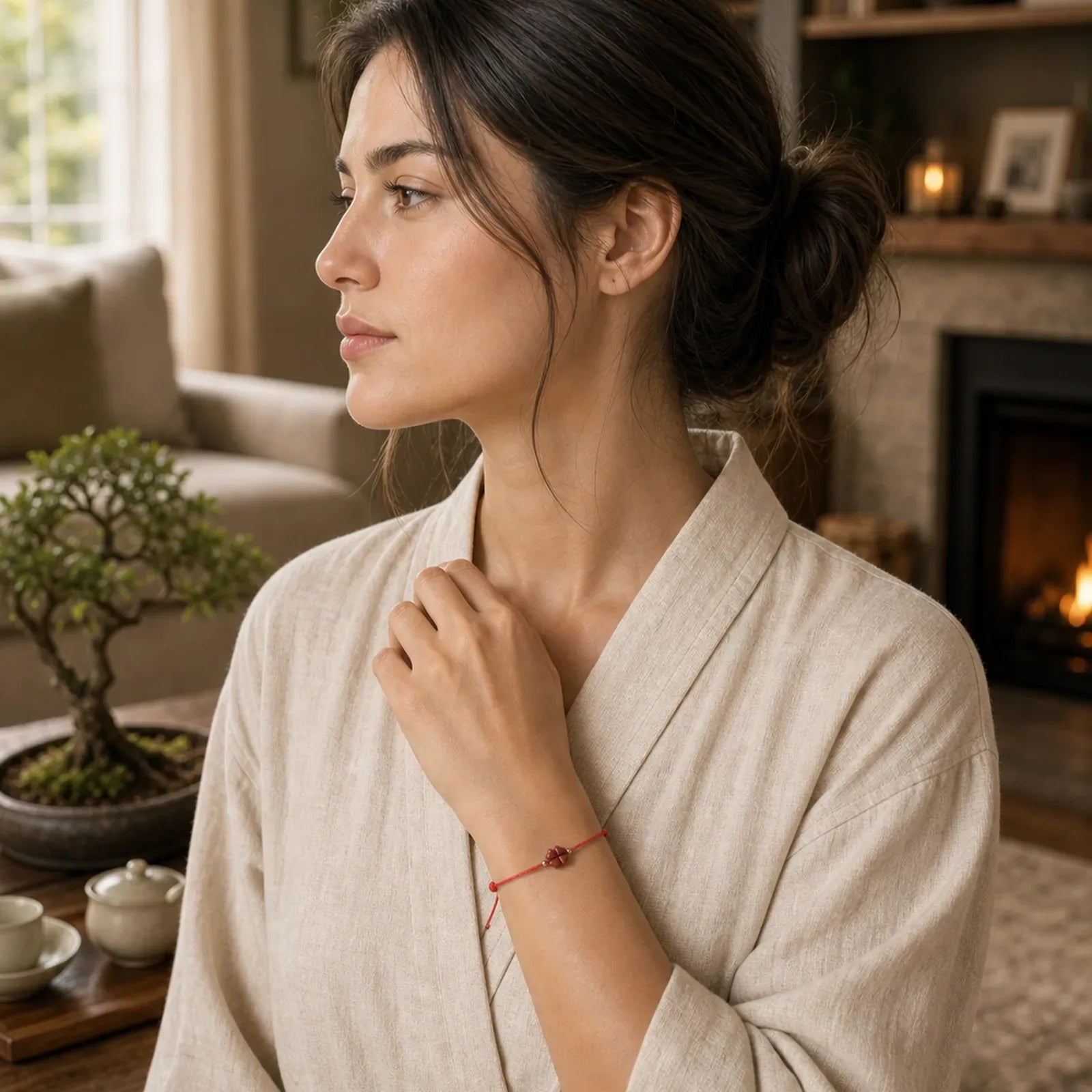 Natural Cinnabar Four Leaf Clover Blessing Red String Bracelet Anklet featuring Cinnabar, Red String