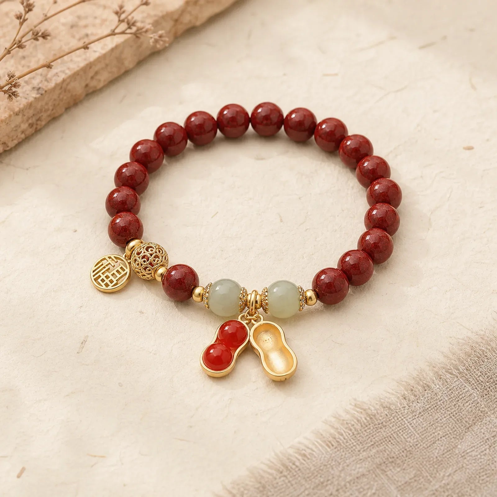 Natural Cinnabar Fu Character Peanut Good Things Happen Blessing Bracelet featuring Cinnabar, Fu Character, Jade