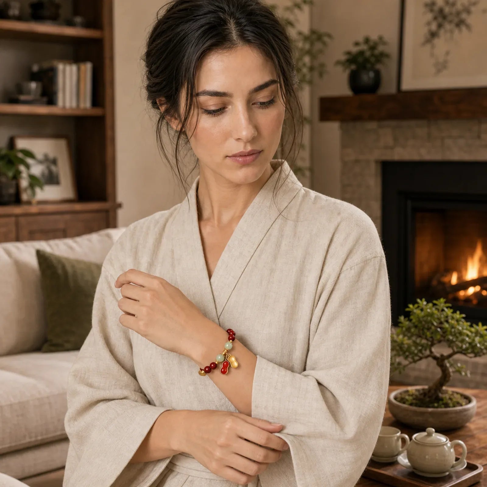 Natural Cinnabar Fu Character Peanut Good Things Happen Blessing Bracelet featuring Cinnabar, Fu Character, Jade