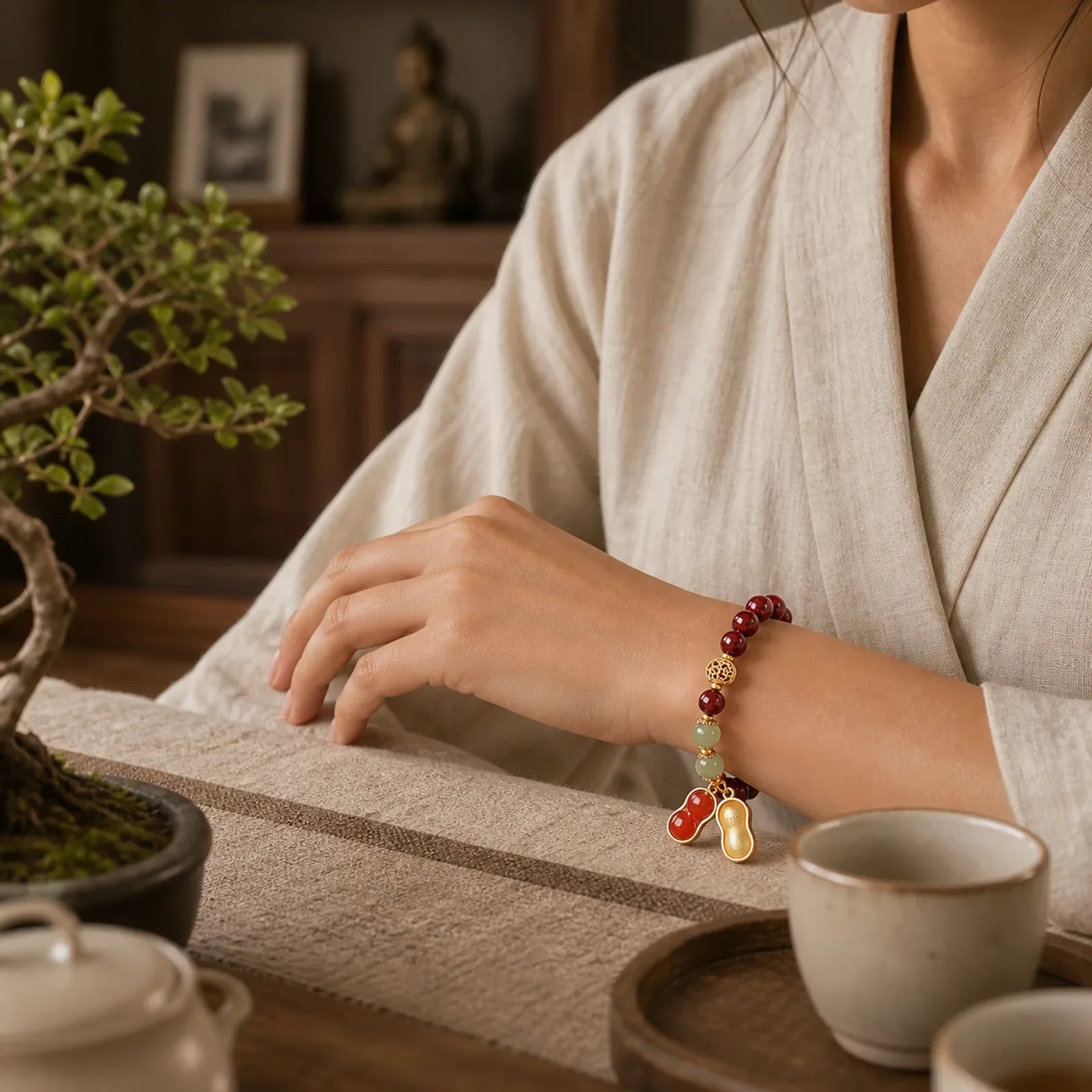 Natural Cinnabar Fu Character Peanut Good Things Happen Blessing Bracelet featuring Cinnabar, Fu Character, Jade