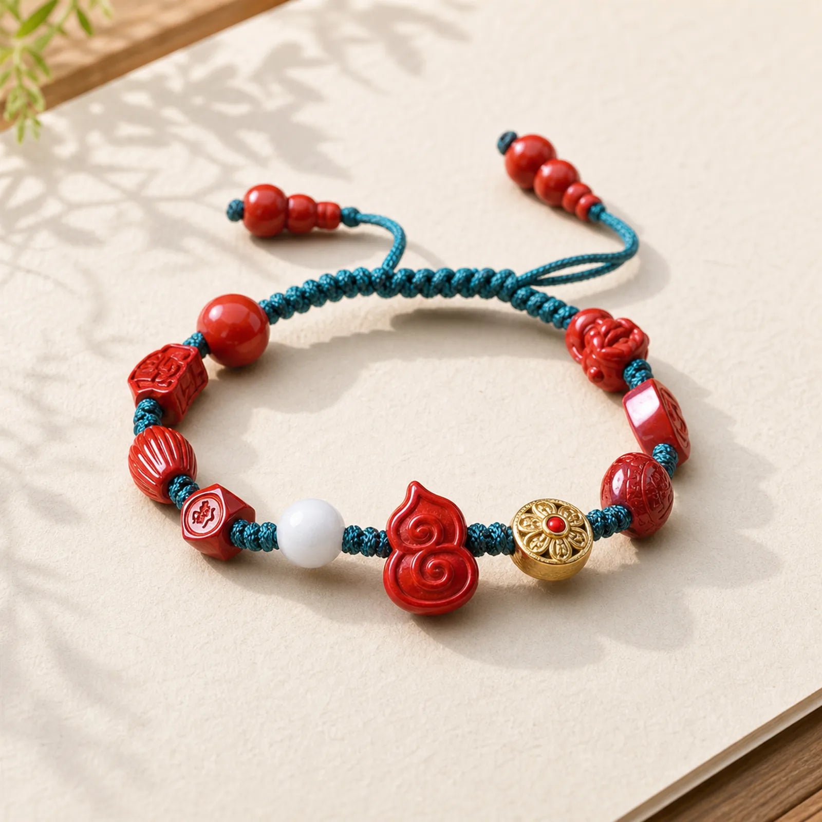 Natural Cinnabar Gourd Om Mani Padme Hum Laughing Buddha Blessing String Bracelet featuring Cinnabar, Om Mani Padme Hum, Om