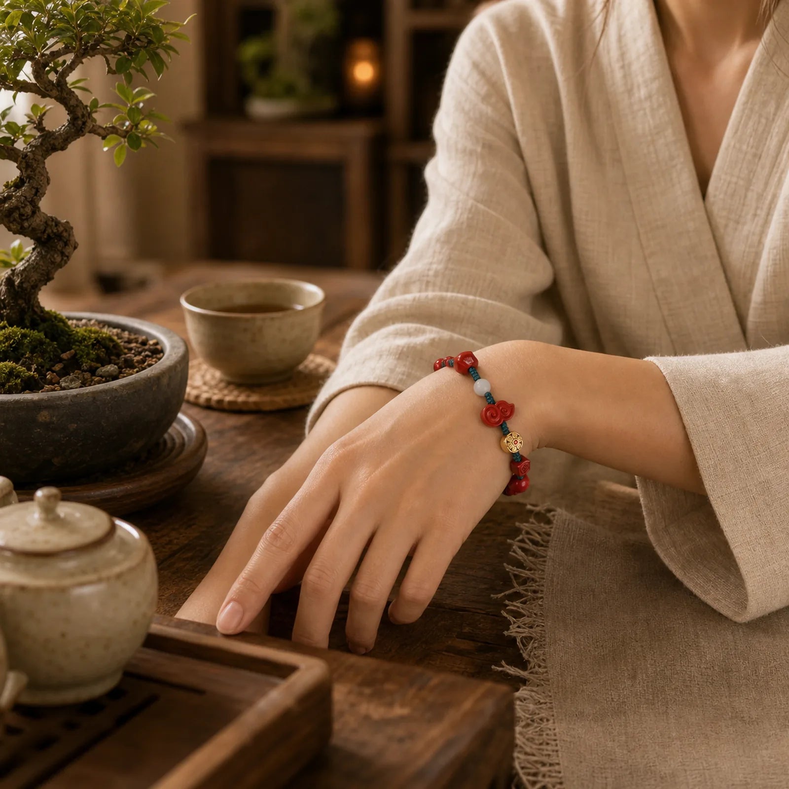 Natural Cinnabar Gourd Om Mani Padme Hum Laughing Buddha Blessing String Bracelet featuring Cinnabar, Om Mani Padme Hum, Om