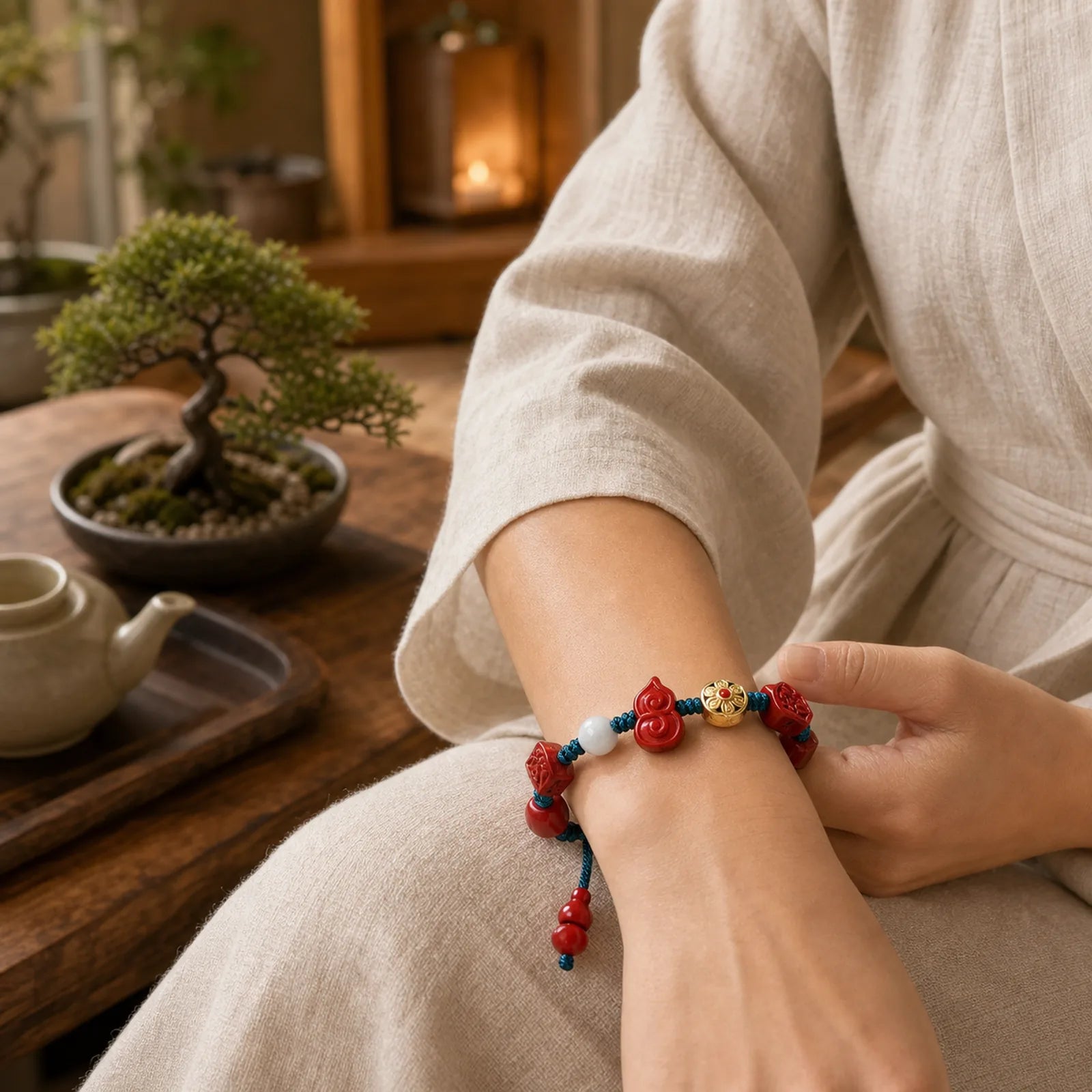 Natural Cinnabar Gourd Om Mani Padme Hum Laughing Buddha Blessing String Bracelet featuring Cinnabar, Om Mani Padme Hum, Om