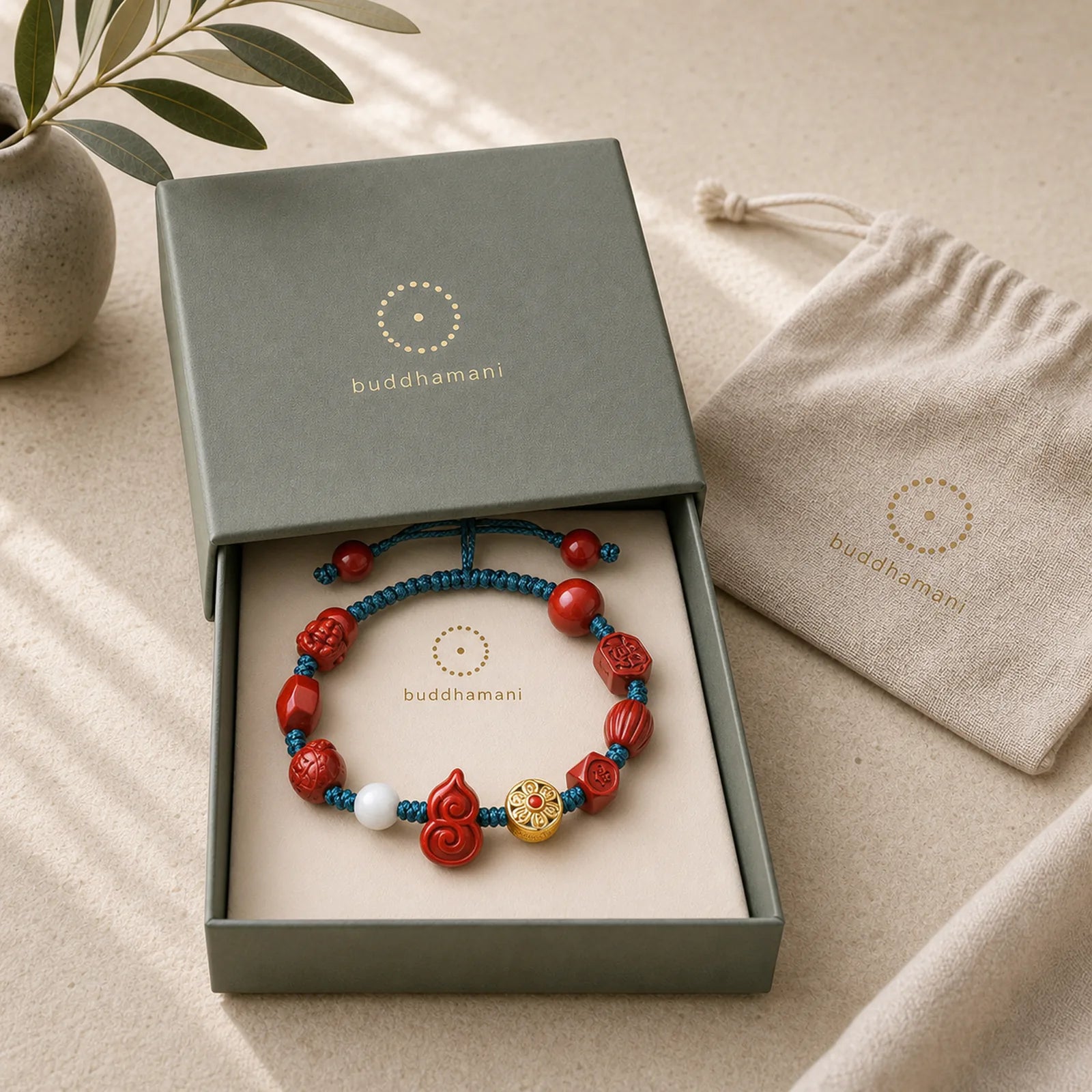 Natural Cinnabar Gourd Om Mani Padme Hum Laughing Buddha Blessing String Bracelet featuring Cinnabar, Om Mani Padme Hum, Om