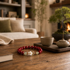 Natural Cinnabar Jade Beaded Tridacna Stone Flower Blessing Bracelet featuring Cinnabar, Jade, Tridacna Stone