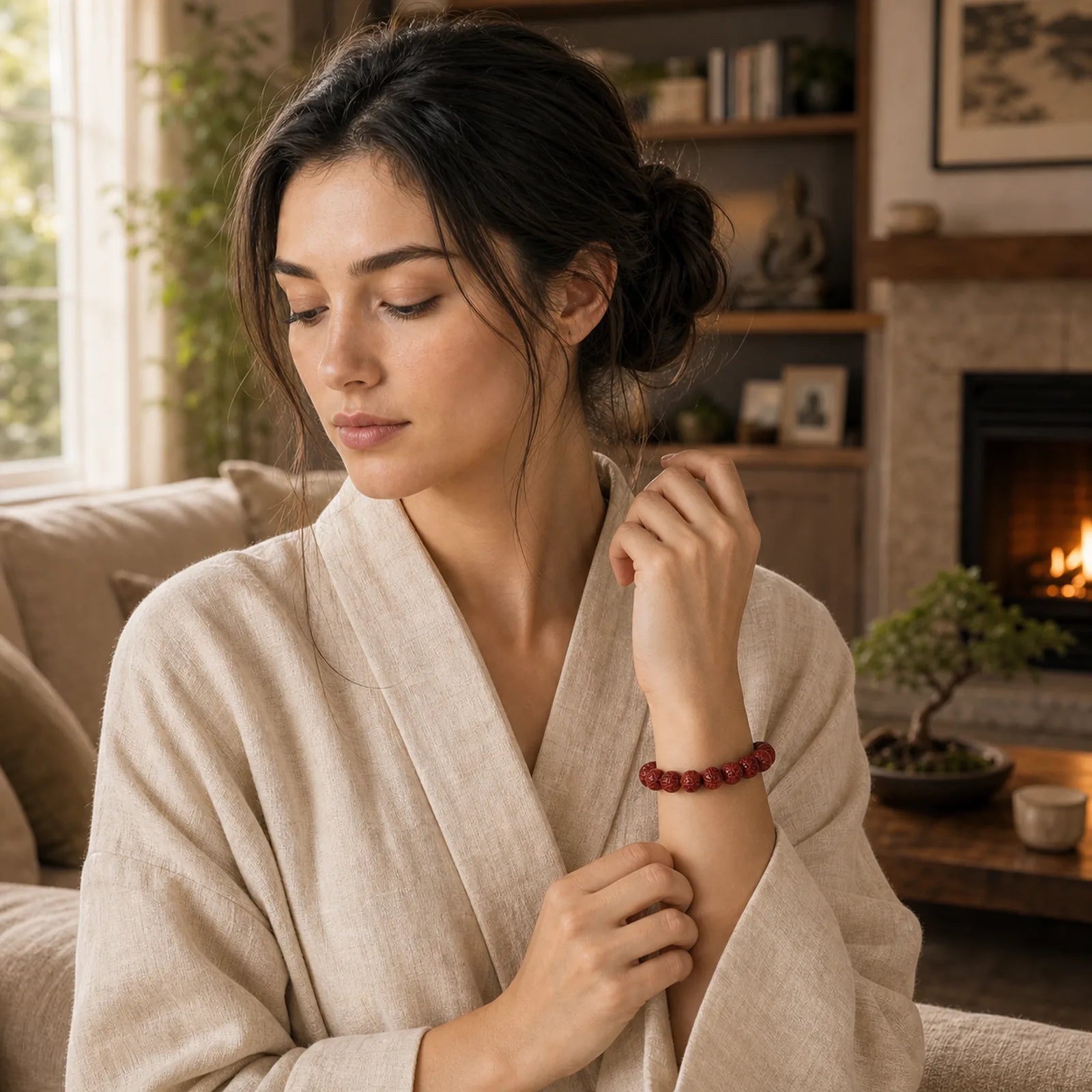 Natural Cinnabar Om Mani Padme Hum Fret Pattern Lotus Blessing Bracelet featuring Cinnabar, Om Mani Padme Hum, Om