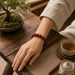 Natural Cinnabar Om Mani Padme Hum Fret Pattern Lotus Blessing Bracelet featuring Cinnabar, Om Mani Padme Hum, Om