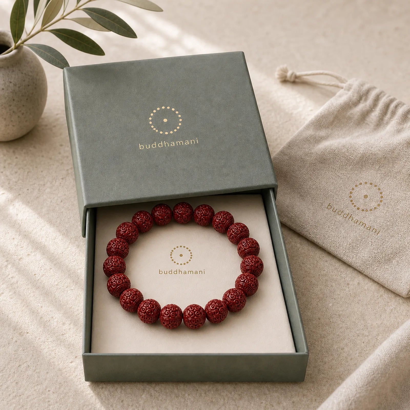 Natural Cinnabar Om Mani Padme Hum Fret Pattern Lotus Blessing Bracelet featuring Cinnabar, Om Mani Padme Hum, Om