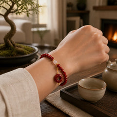 Natural Cinnabar Peace Buckle Charm Blessing Bracelet featuring Cinnabar, Peace Buckle, Copper