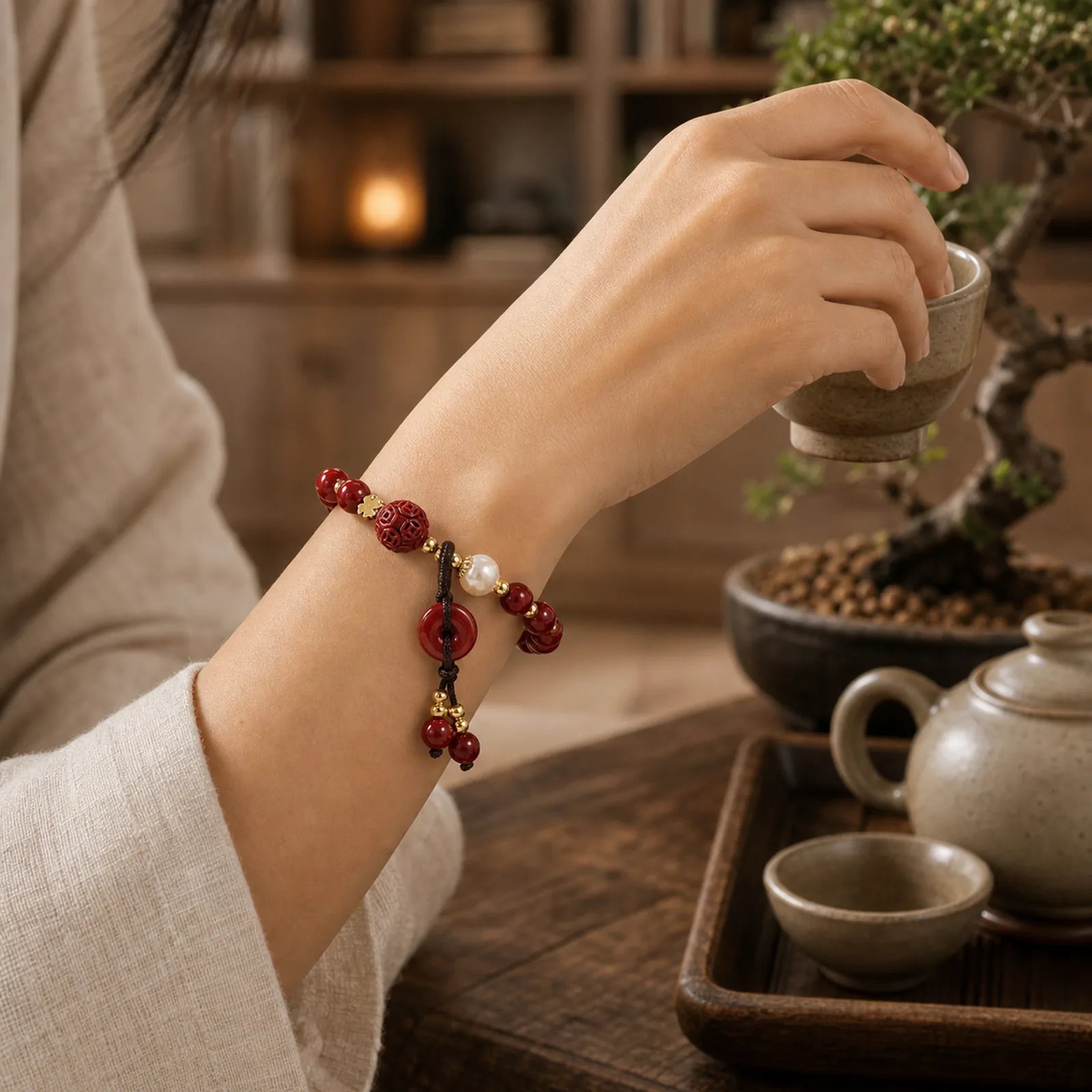 Natural Cinnabar Peace Buckle Copper Coin Charm Blessing Bracelet featuring Cinnabar, Peace Buckle, Copper