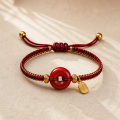 Natural Cinnabar Peace Buckle Fu Character Charm Blessing Braided Bracelet featuring Cinnabar, Peace Buckle, Fu Character