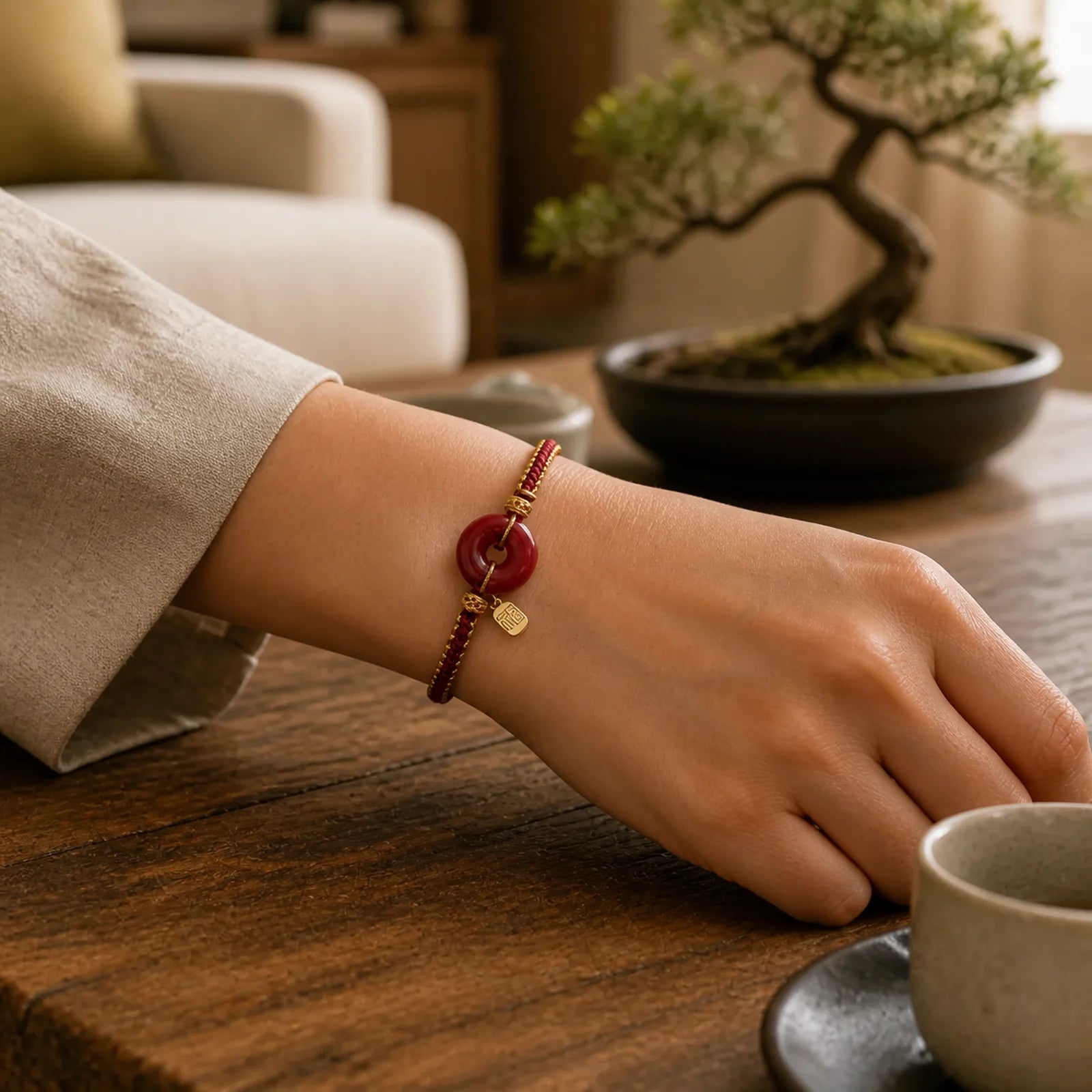 Natural Cinnabar Peace Buckle Fu Character Charm Blessing Braided Bracelet featuring Cinnabar, Peace Buckle, Fu Character