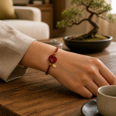 Natural Cinnabar Peace Buckle Fu Character Charm Blessing Braided Bracelet featuring Cinnabar, Peace Buckle, Fu Character