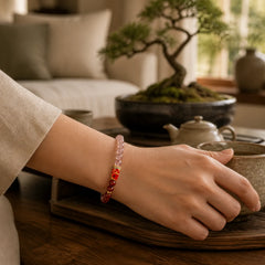 Natural Cinnabar Pink Crystal Strawberry Quartz Lucky Koi Fish Blessing Bracelet featuring Cinnabar, Pink Crystal, Strawberry Quartz