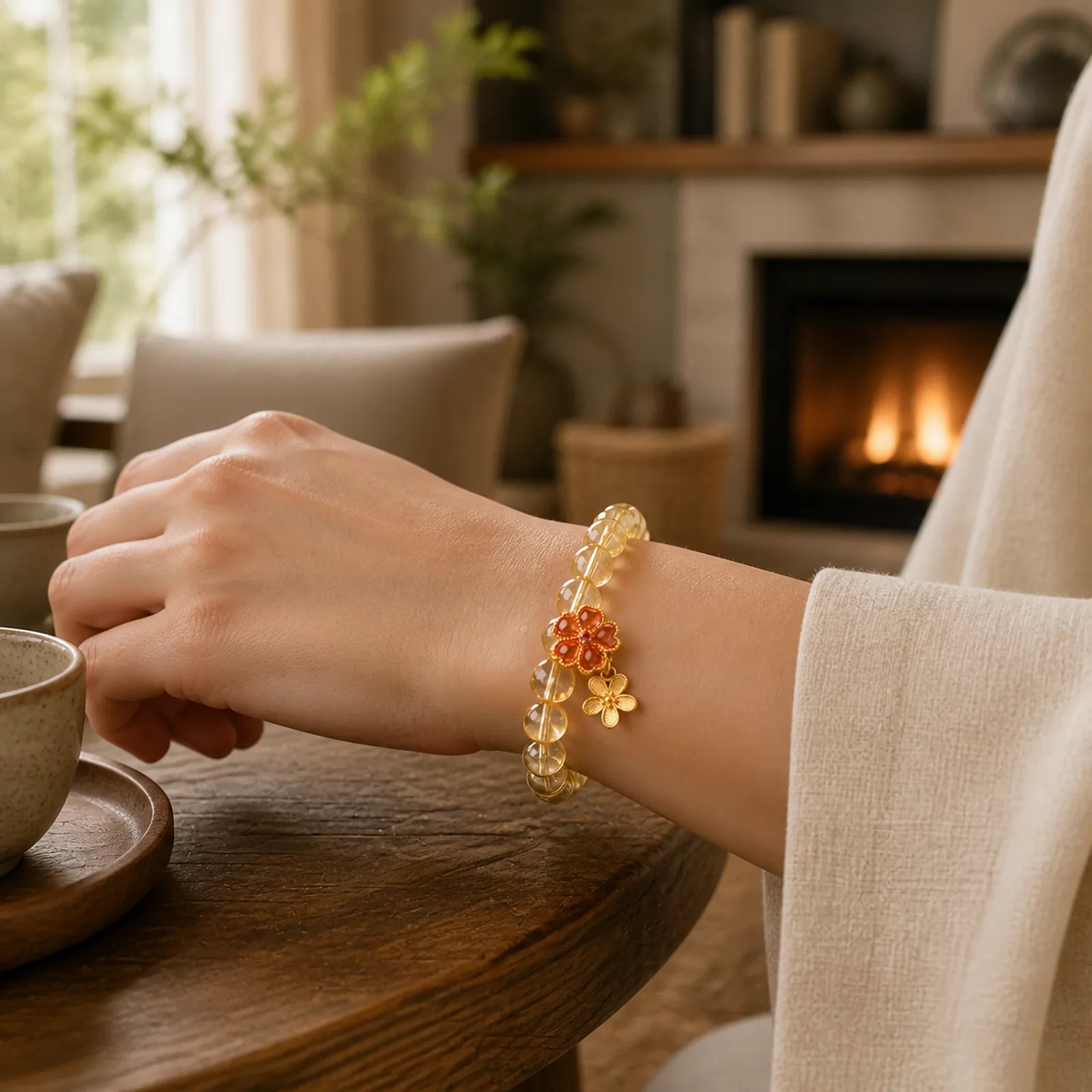 Natural Citrine Flower Charm Prosperity Protection Bracelet featuring Citrine