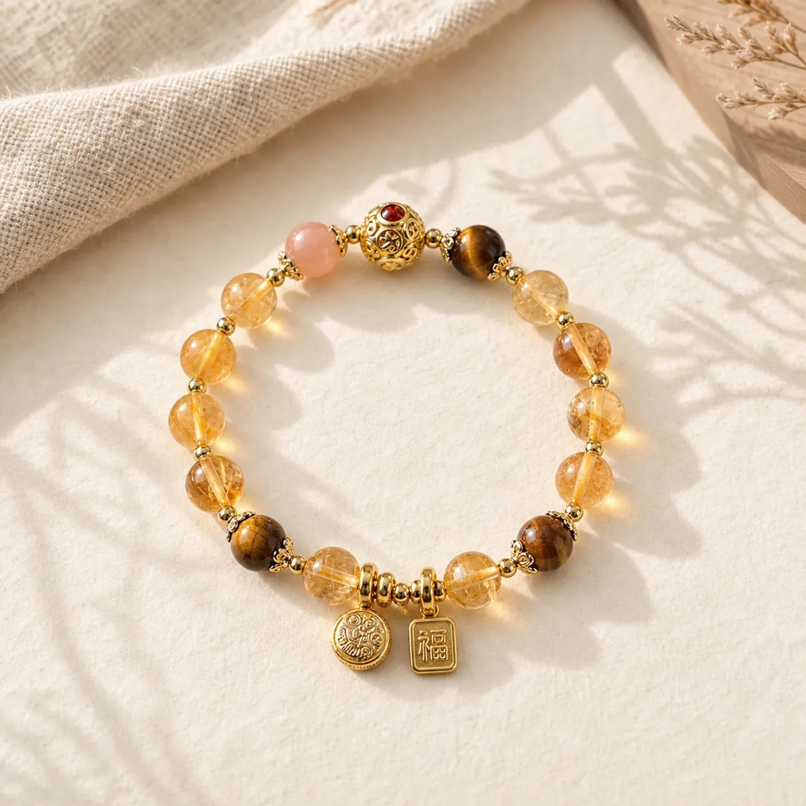 Natural Citrine Fu Character Lucky Beast Prosperity Bracelet featuring Citrine, Fu Character, Sun Stone