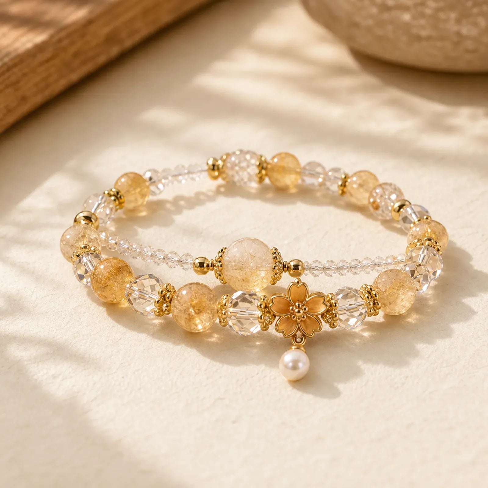 Natural Citrine Glass Beads Flower Multiple Layers Prosperity Bracelet featuring Citrine