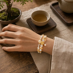 Natural Citrine Glass Beads Flower Multiple Layers Prosperity Bracelet featuring Citrine