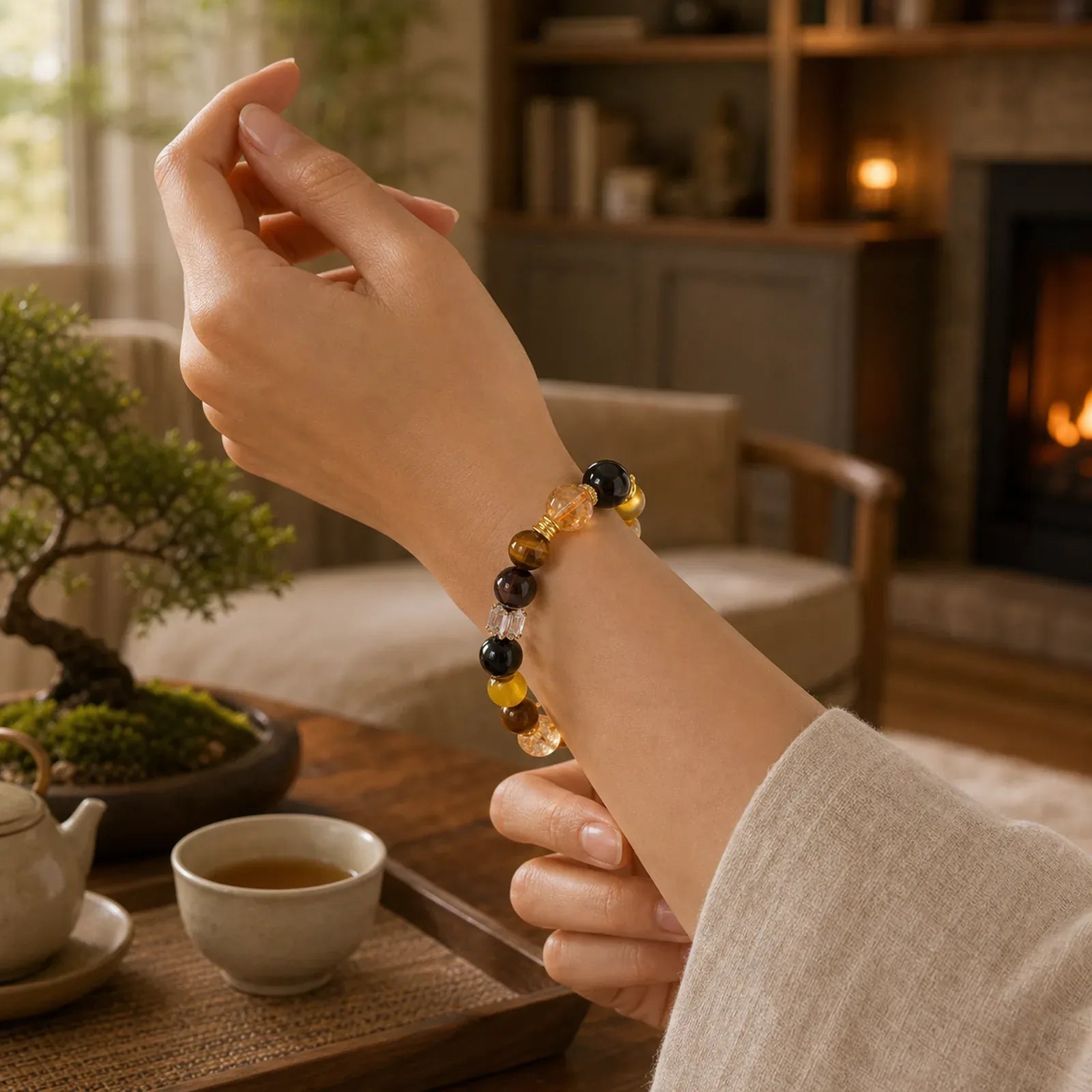Natural Citrine Smoky Quartz Tiger Eye Duobao Crystal Prosperity Bracelet featuring Citrine, Smoky Quartz, Tiger Eye