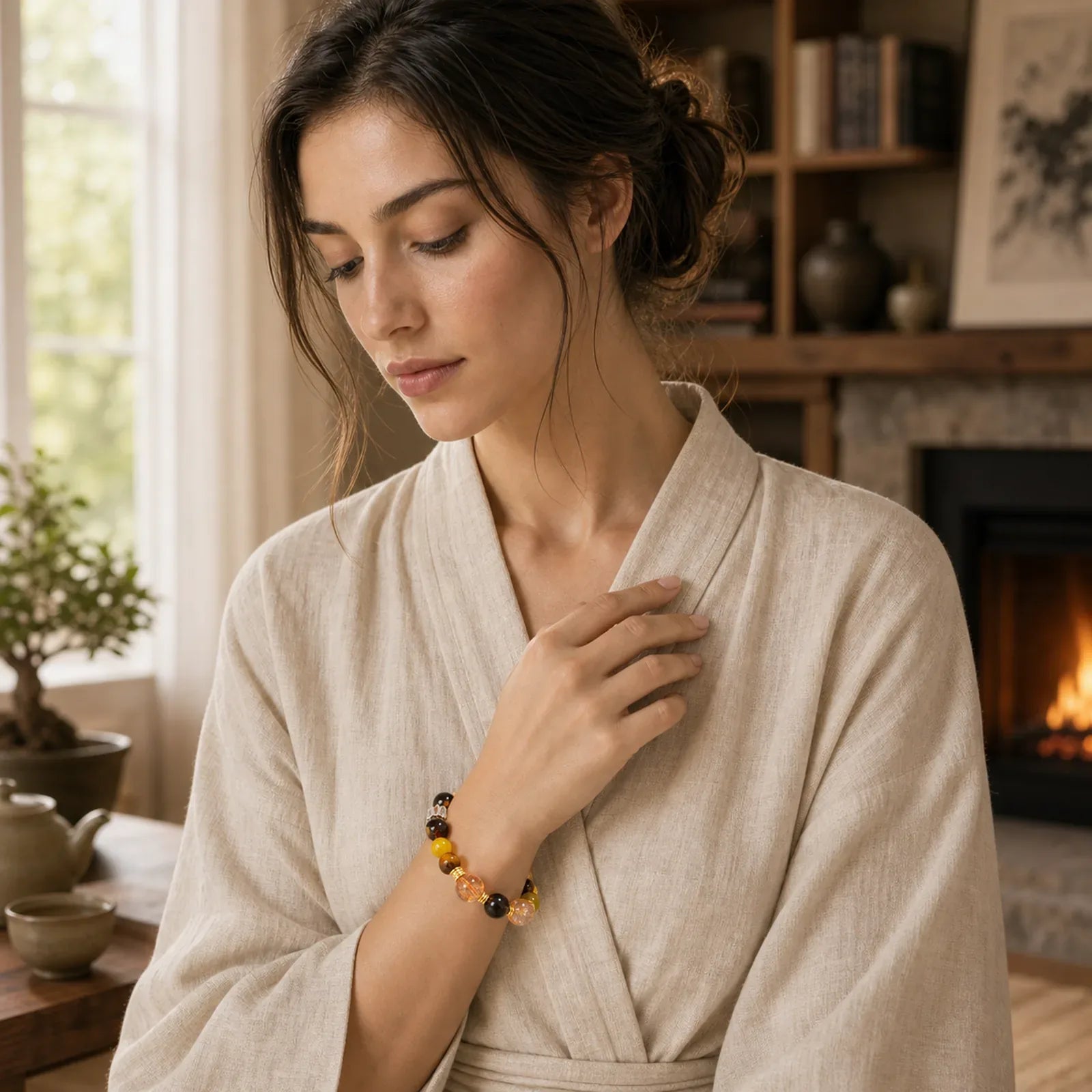 Natural Citrine Smoky Quartz Tiger Eye Duobao Crystal Prosperity Bracelet featuring Citrine, Smoky Quartz, Tiger Eye