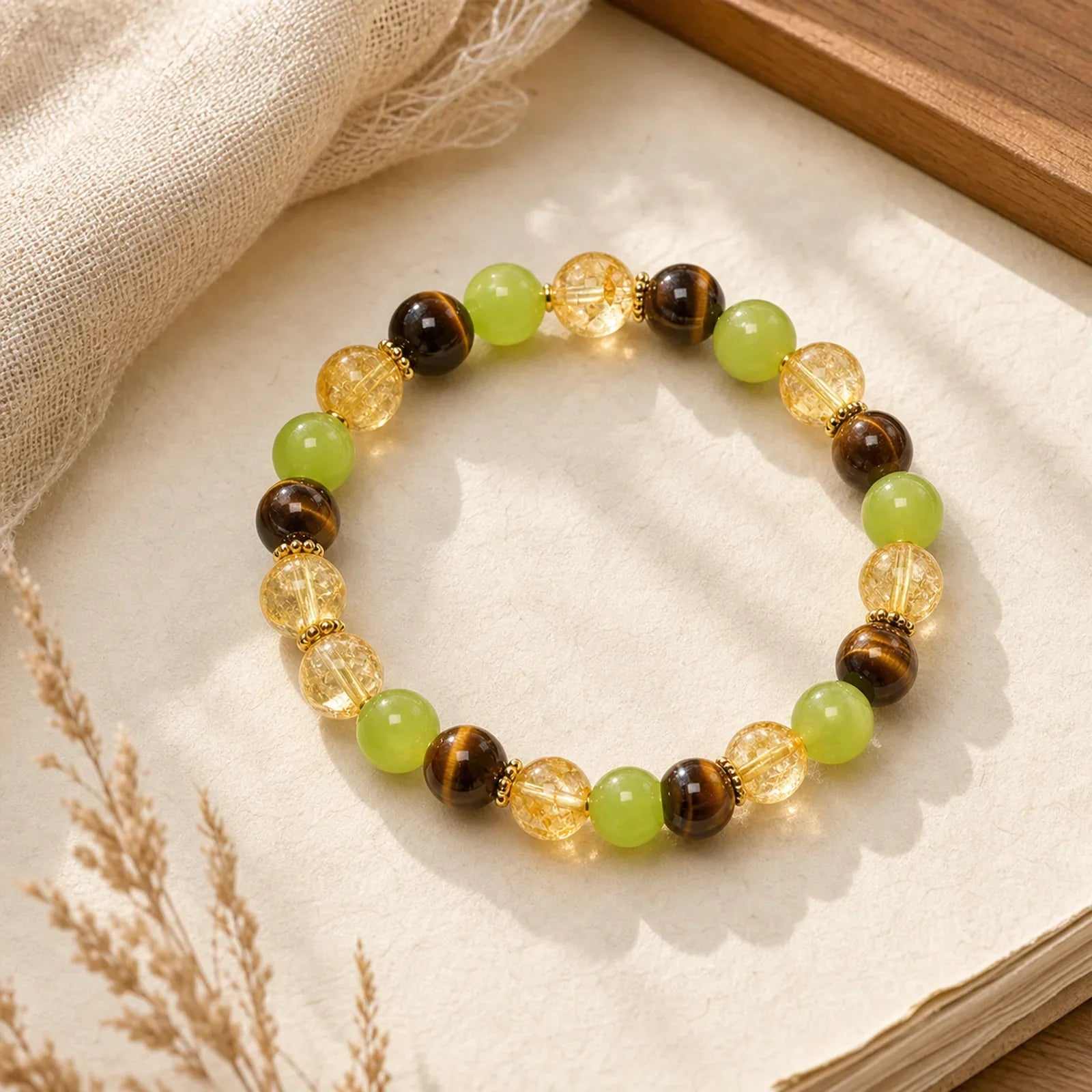 Natural Citrine Tiger Eye Green Jade Prosperity Bracelet featuring Citrine, Tiger Eye, Green Jade