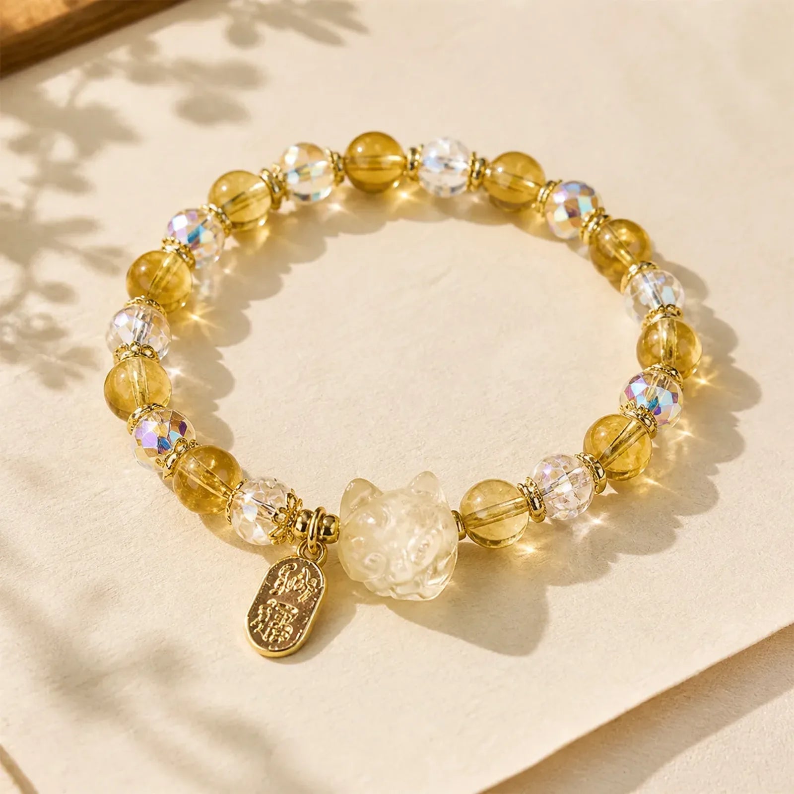 Natural Citrine White Crystal Nine Tailed Fox Attracting Wealth Charm Energy Bracelet featuring Citrine, Clear Quartz / White Crystal, Nine-Tailed Fox