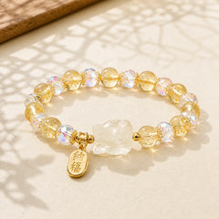Natural Citrine White Crystal Nine Tailed Fox Attracting Wealth Charm Energy Bracelet featuring Citrine, Clear Quartz / White Crystal, Nine-Tailed Fox
