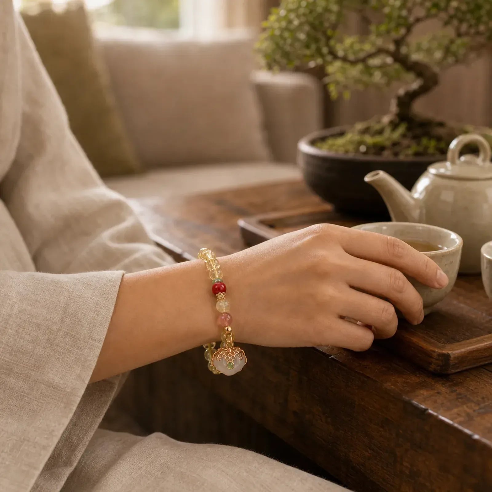 Natural Citrine White Jade Strawberry Quartz Protection Charm Bracelet featuring Citrine, White Jade, Jade