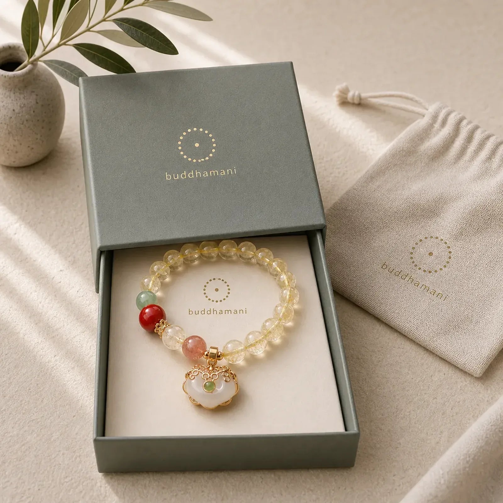 Natural Citrine White Jade Strawberry Quartz Protection Charm Bracelet featuring Citrine, White Jade, Jade