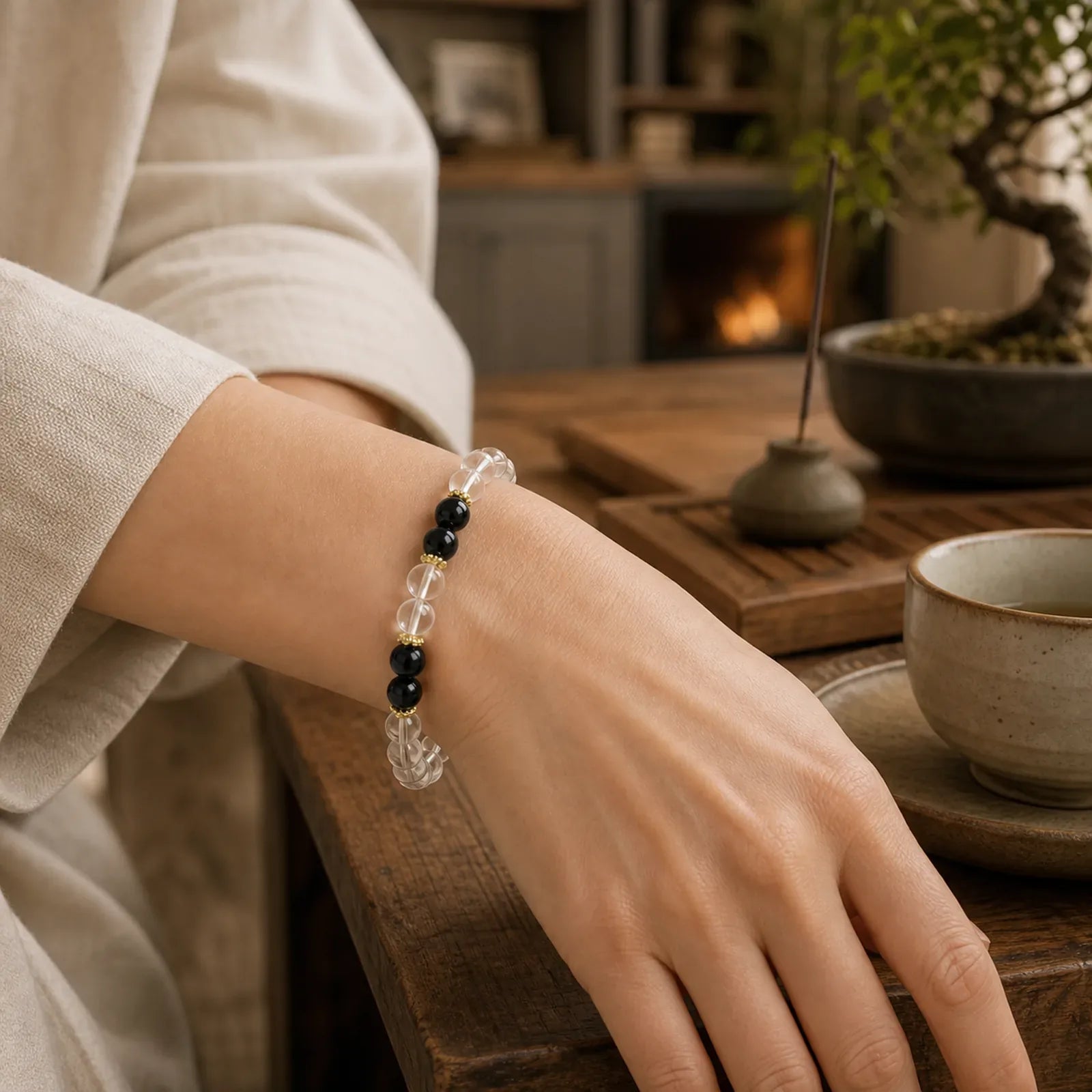 Natural Clear Quartz Beaded Healing Bracelet featuring Clear Quartz / White Crystal, Black Obsidian, Aquamarine