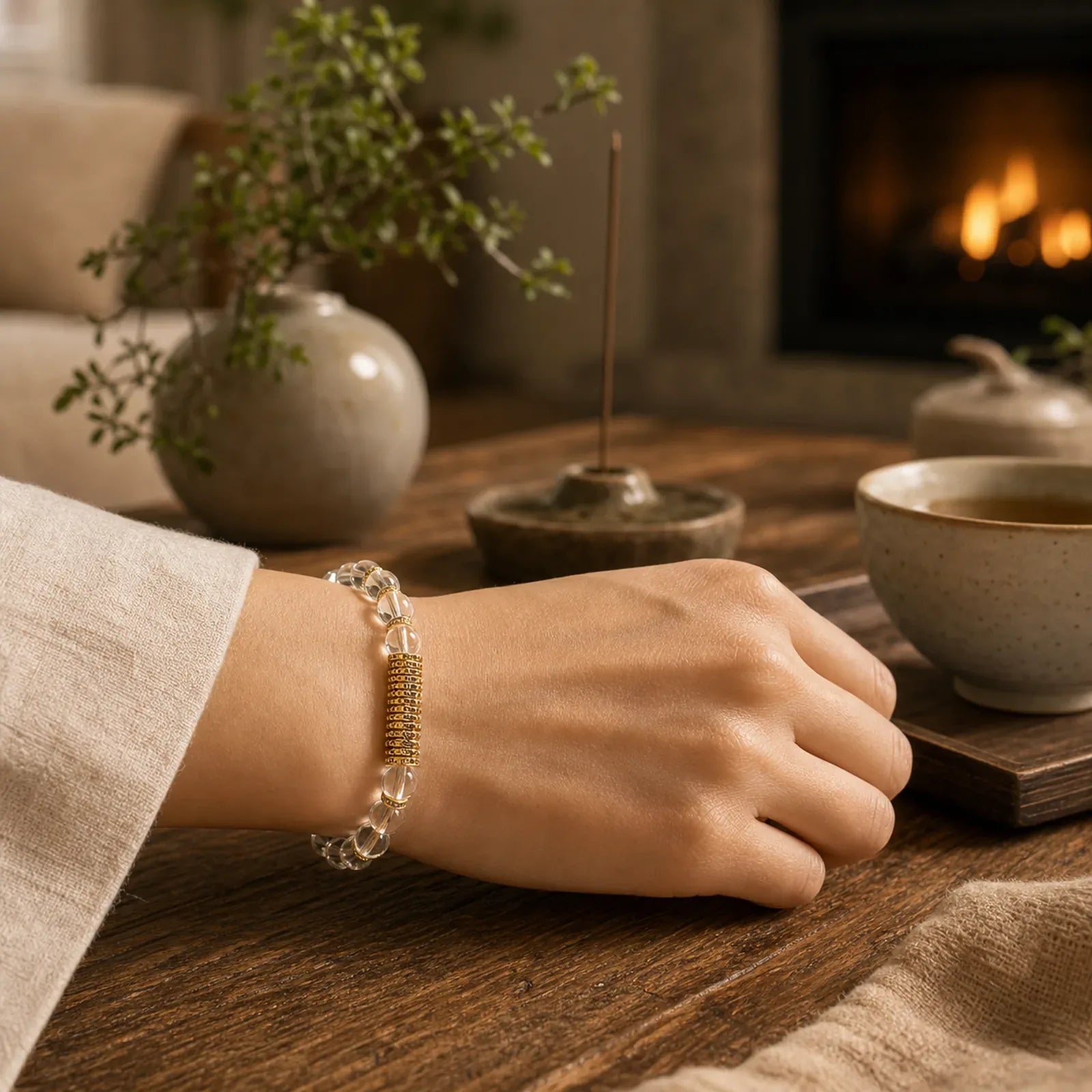 Natural Clear Quartz Citrine Money For The Journey Protection Bracelet featuring Citrine, Clear Quartz / White Crystal, Copper