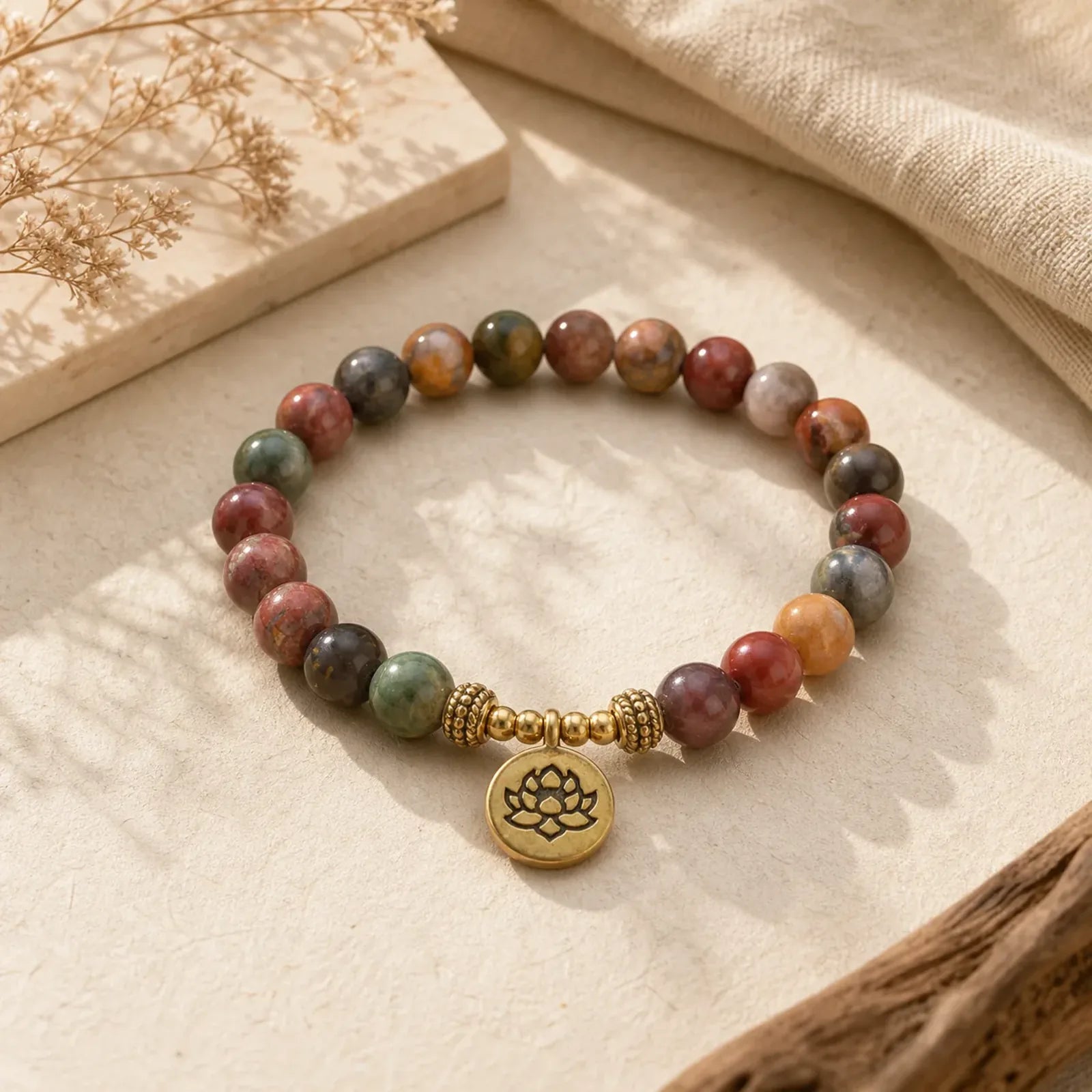 Natural Colorful Emperor Stone Lotus Pattern Anti-stress Bracelet featuring Emperor Stone, Lotus, Lotus Symbol