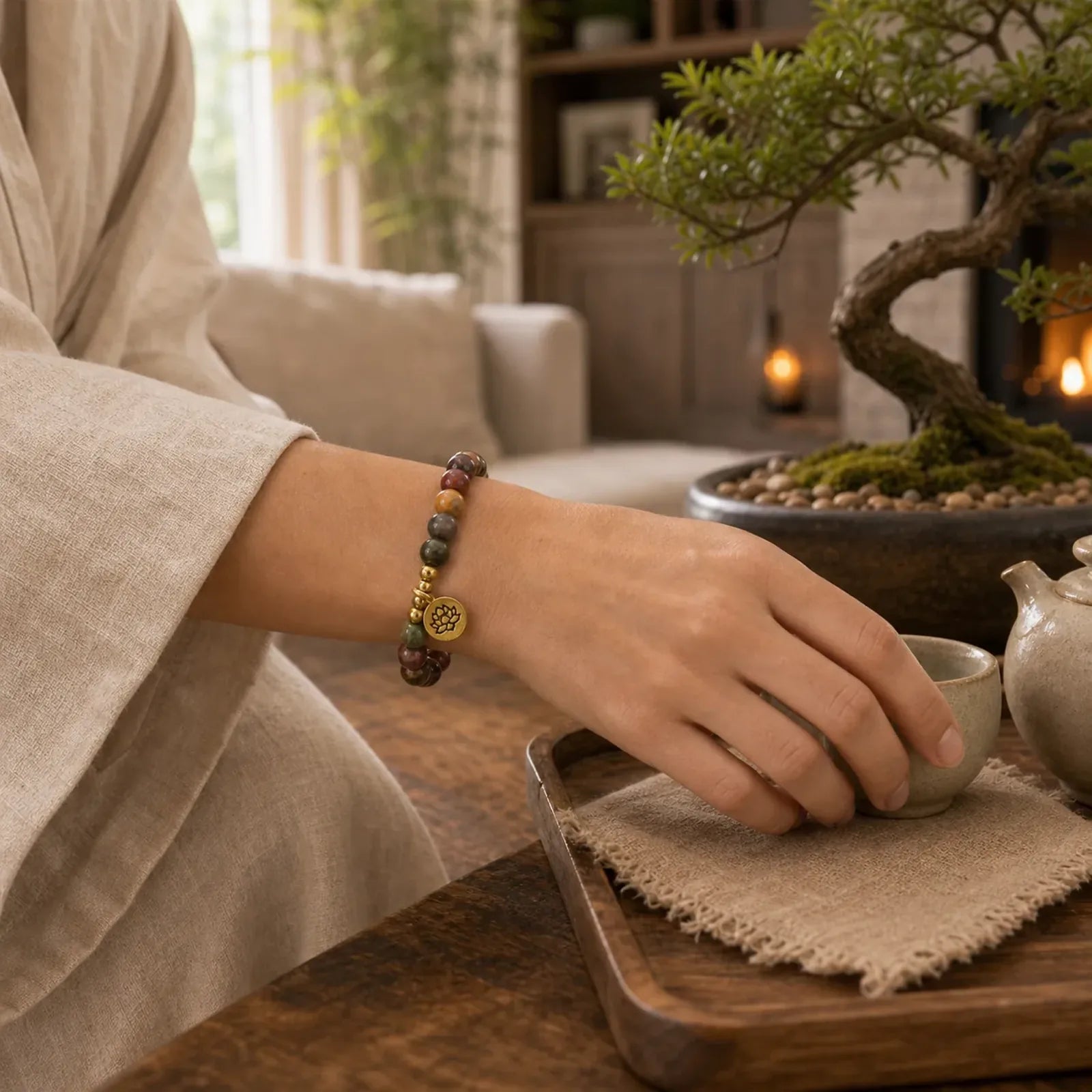 Natural Colorful Emperor Stone Lotus Pattern Anti-stress Bracelet featuring Emperor Stone, Lotus, Lotus Symbol